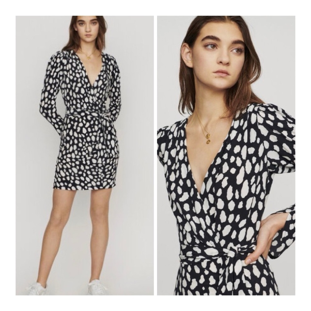 Maje Large Rosima Black & White Printed Surplice Belted Ruched Mini Dress